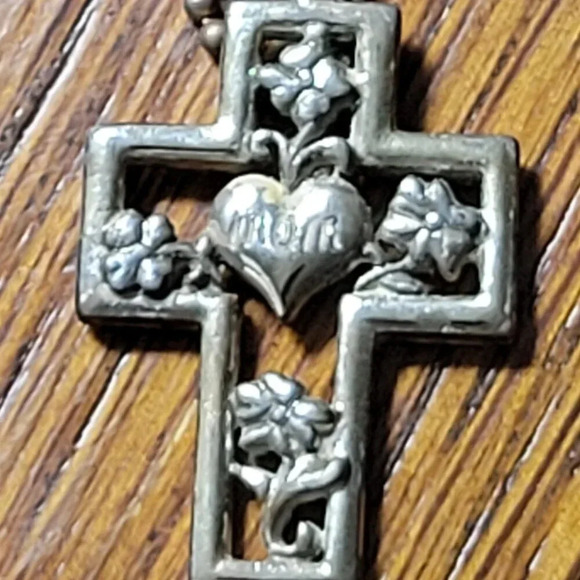 Vintage Estate Mom Cross Necklace Signed Razza Silver Tone 24" - Picture 2 of 3